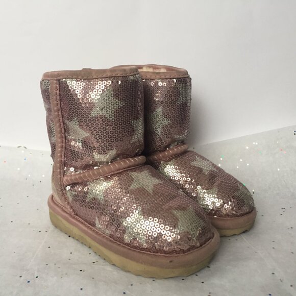 Ugg Kids Classic Short Suede Pink Sequin Stars Boot II - Size 6 Shearling Lined - Picture 11 of 11